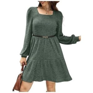 Women's square neck long sleeve sweater dress front view, stylish fall and winter outfit