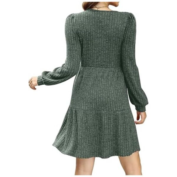 Women's square neck long sleeve sweater dress back view, flattering babydoll design.