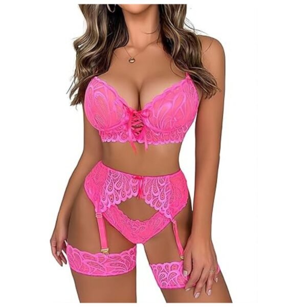 Front View of Women's Lace Lingerie Set with Satin Bow