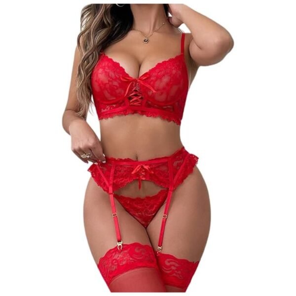 Front View of Women's Lace Lingerie Set with Garter Belt and Stockings
