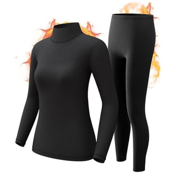 Full view of the women's thermal underwear set, featuring a fleece-lined top and bottom designed for warmth and comfort during winter activities.