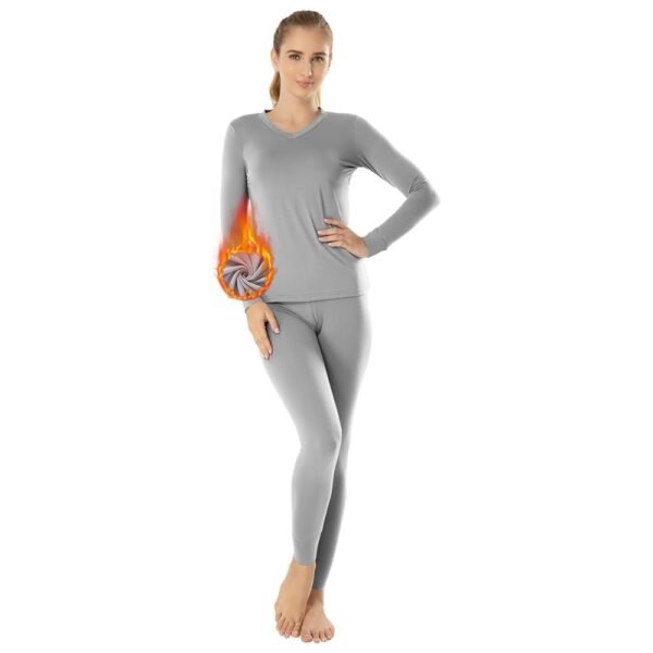 Full view of women's thermal set with long sleeve top and pants.