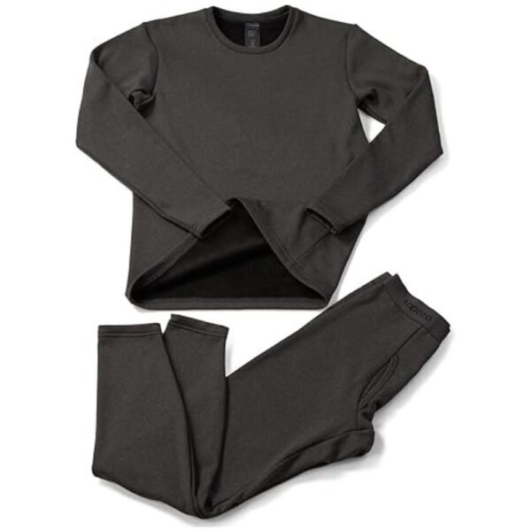 Front view of men's thermal underwear set featuring top and bottom with fleece lining for added warmth