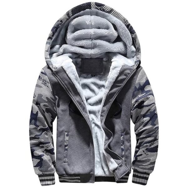 Full view of men's pullover fleece hoodie jacket in winter.