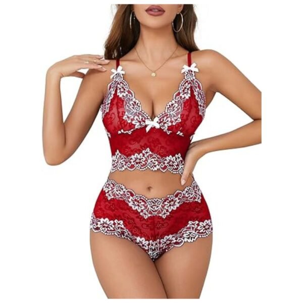 Front view of lace longline bralette and shortie set featuring floral design, scallop edges, and bow accent