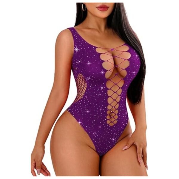 Front view of sparkle rhinestone fishnet bodysuit showcasing mesh fabric and rhinestone trim.