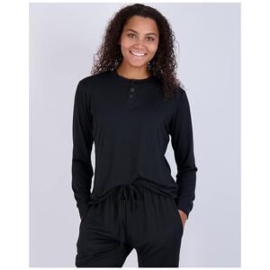 Close-up of a comfortable long sleeve Henley-style lounge shirt for women, made with soft and breathable fabric