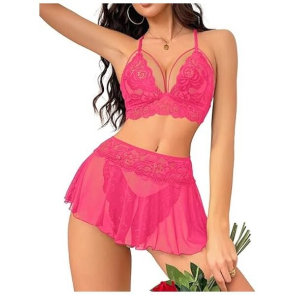 Model Wearing Lace Lingerie Set with Mini Skirt and Thong