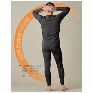 Back view of men's thermal underwear set, demonstrating the snug and flexible fit for full mobility and warmth