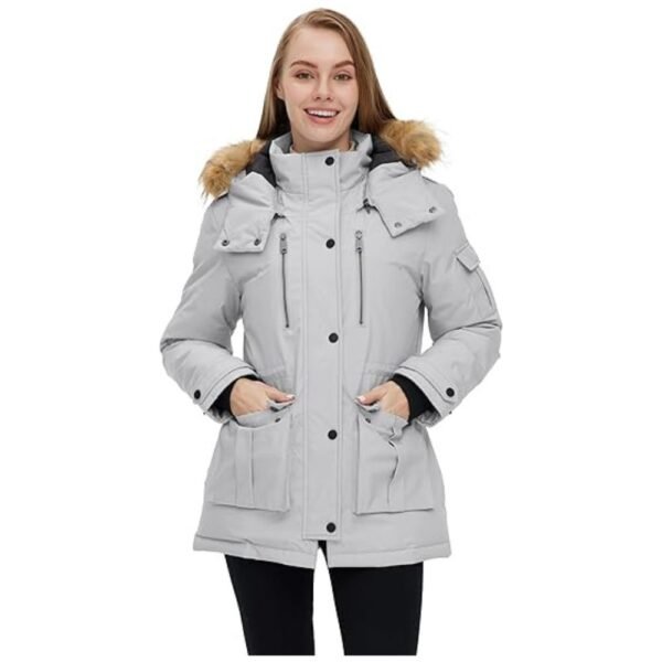 Model wearing Women's Puffer Jacket with Removable Hood