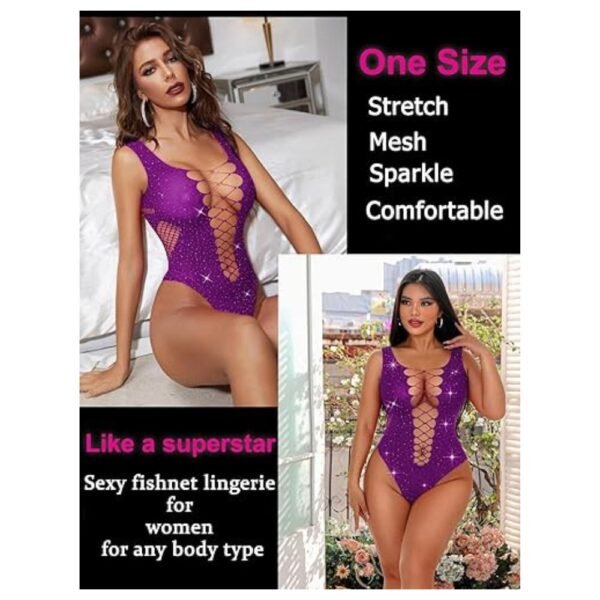Model wearing sparkle rhinestone fishnet bodysuit, demonstrating its flattering fit and elegant design
