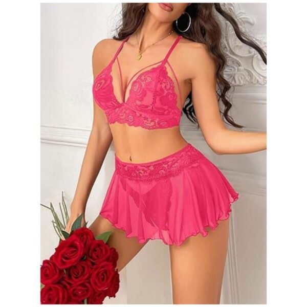 Model Wearing Lace Lingerie Set with Mini Skirt and Thong