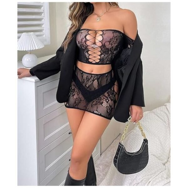 Model wearing fishnet lingerie set, demonstrating the flattering fit and stretchy, comfortable design