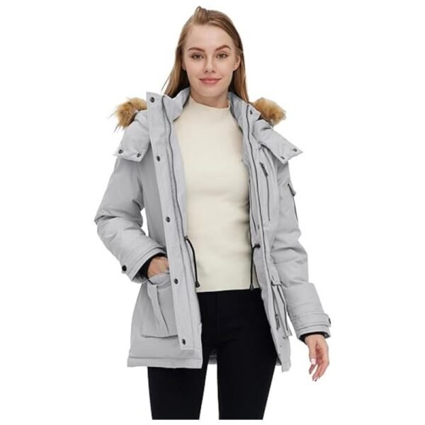 Model wearing Women's Puffer Jacket with Removable Hood