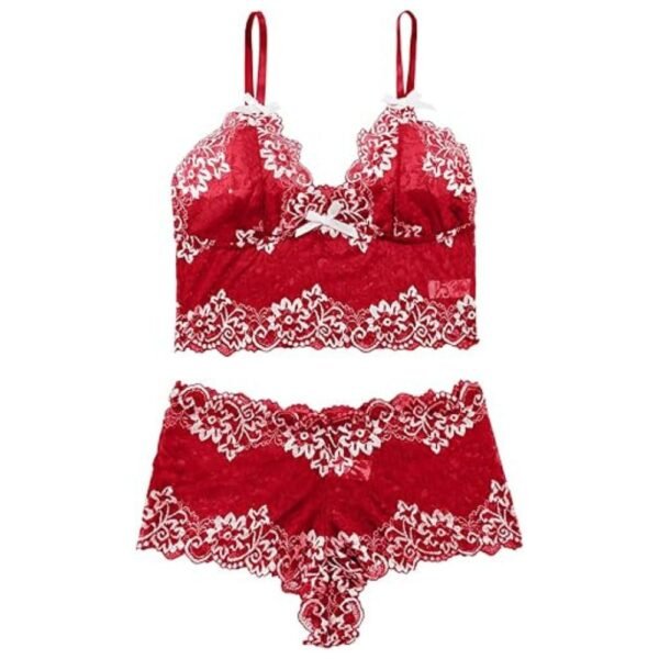 Flat lay of lace longline bralette and shortie set, displaying floral pattern, scallop edges, and soft lace fabric.