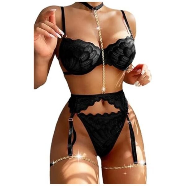 Front View of Floral Lace Underwire Lingerie Set