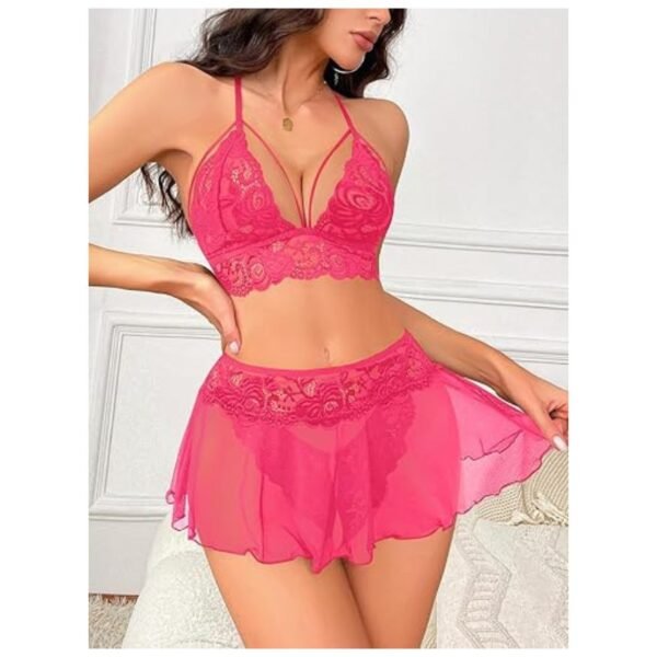 Model Wearing Lace Lingerie Set with Mini Skirt and Thong