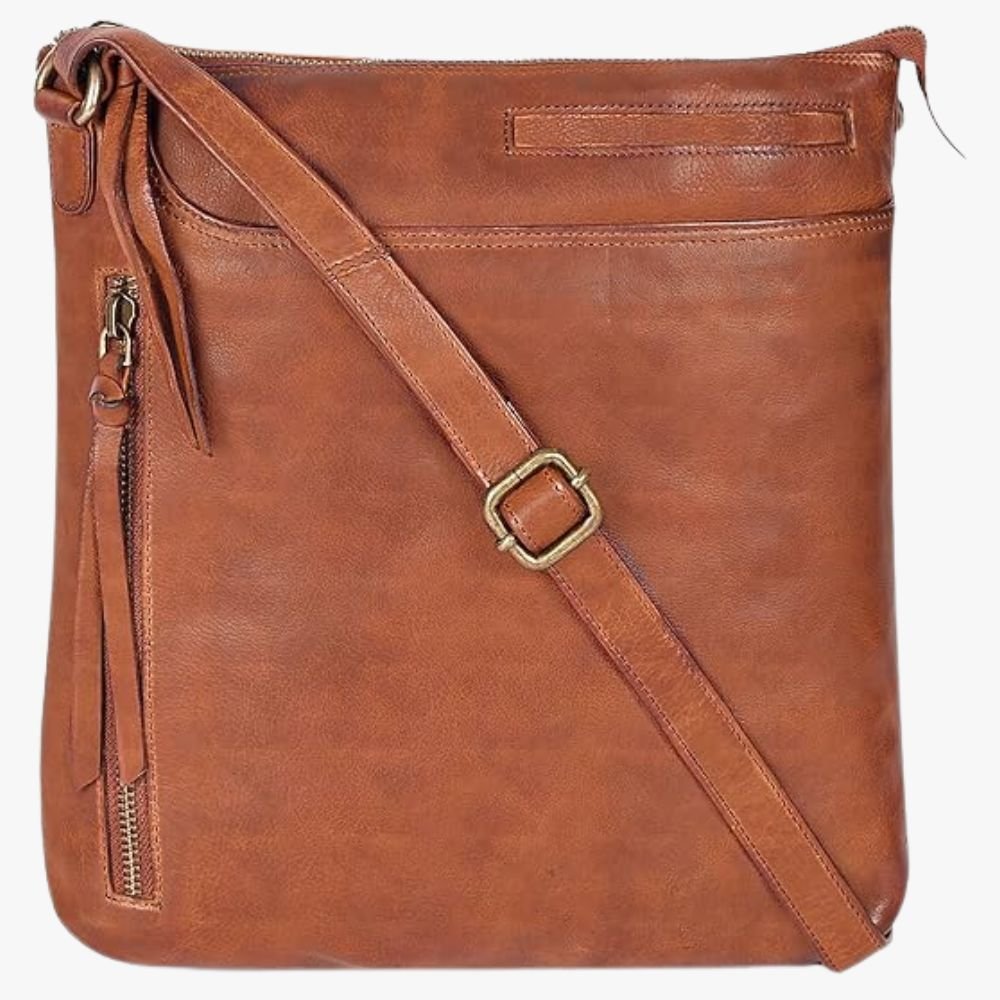 Full view of a leather crossbody bag for women, highlighting its sleek design and stylish appeal.
