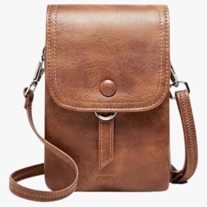 Full view of a small leather crossbody bag for women, showcasing its compact and trendy design.