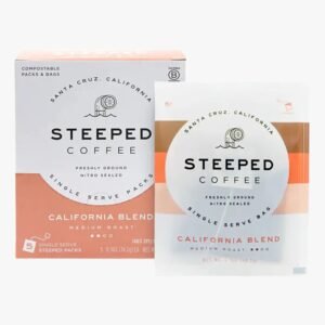 Front view of California Blend Medium Roast Steeped Coffee Bag showcasing premium design and sustainable packaging.