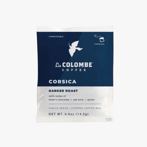 Front view of Corsica Dark Roast Coffee Steeped Bag highlighting premium design and eco-friendly packaging.