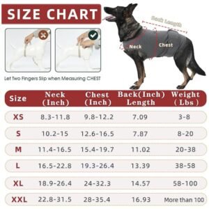 Size chart for the dog anxiety vest, showing different measurements to help choose the perfect fit for your pet.