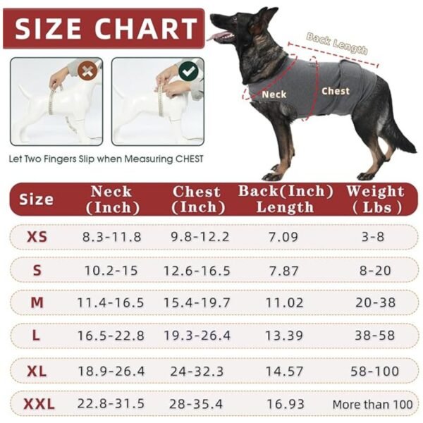 Size chart for the dog anxiety vest, showing different measurements to help choose the perfect fit for your pet.