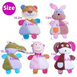 Size comparison of plush dog toys, suitable for small, medium, and large breeds