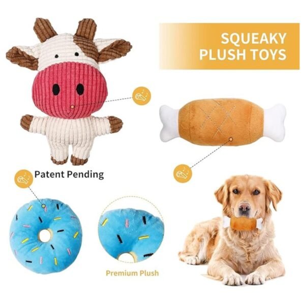 Close-up of a colorful squeaky plush dog toy designed for small puppies.