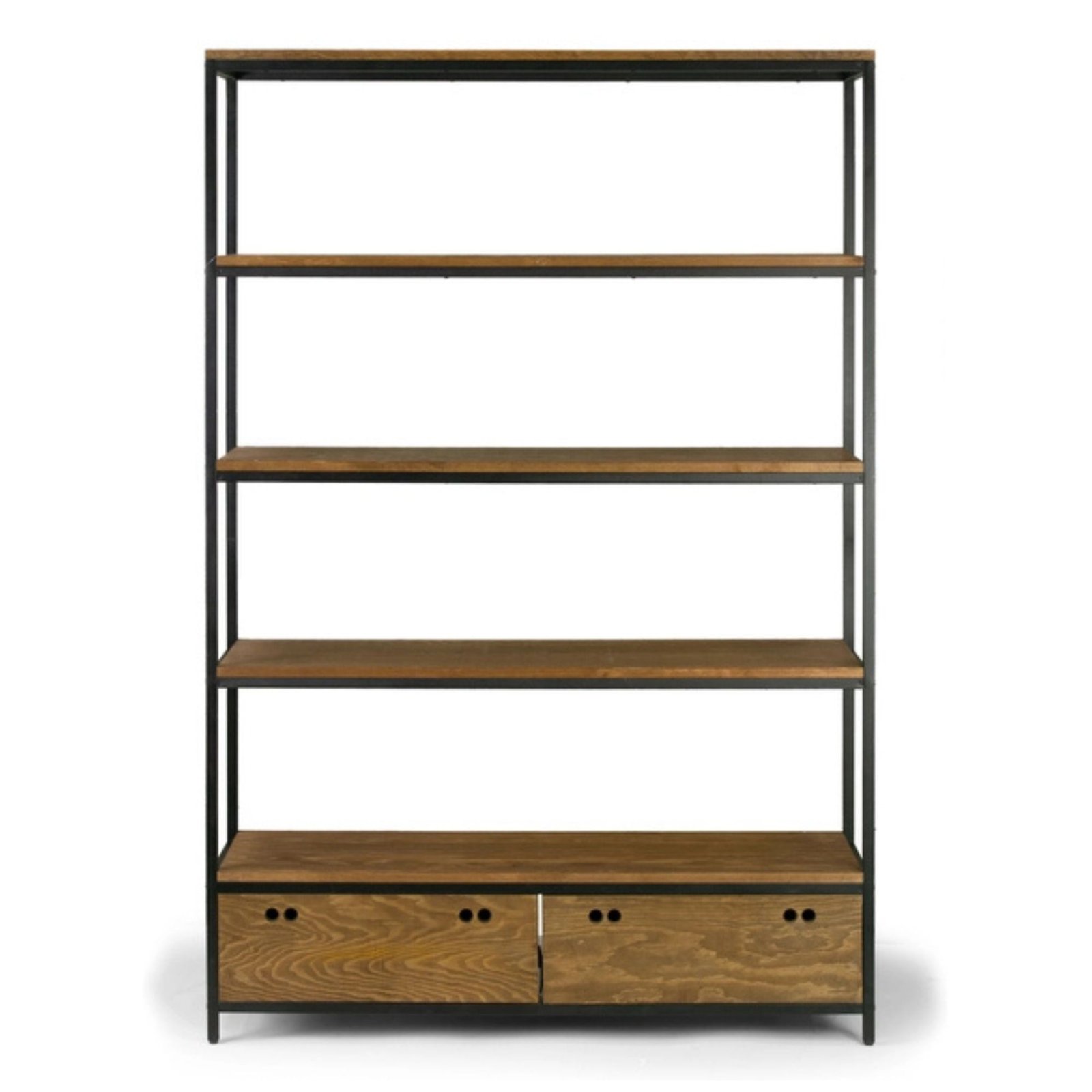 2 Alta Brown Pine Wood Display Shelf Etagere with Black Metal Frame and Two Bottom Drawers"