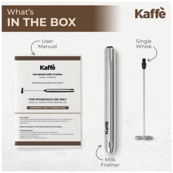 Components of the Kaffe Handheld Milk Frother, including the whisk and battery compartment