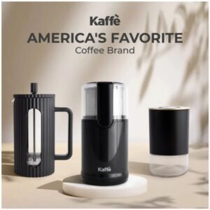 Close-up of the Kaffe Electric Blade Coffee Grinder's stainless steel blades and control buttons