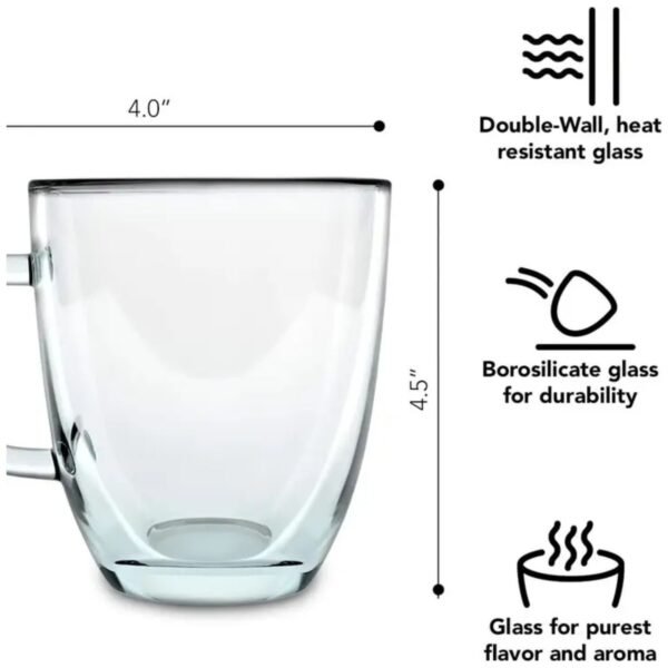 Dimensions of Kaffe 16oz Glass Coffee Mugs, highlighting their ideal size for coffee enjoyment