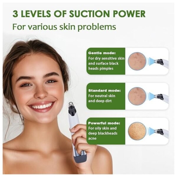 Image showing the blackhead vacuum's three adjustable suction levels, offering customized intensity for different skin types