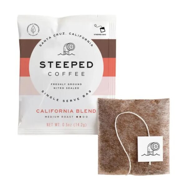 Front view of California Blend Medium Roast Steeped Coffee Bag showcasing premium design and sustainable packaging.