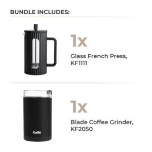 French press and blade coffee grinder set with included cleaning brush.