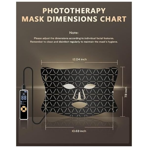 Image showing the dimensions of the LED therapy mask, highlighting its compatibility with all face shapes