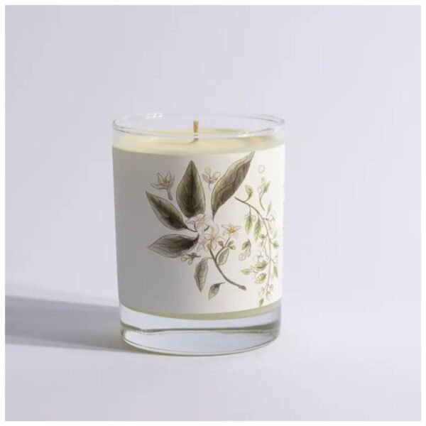 Natural soy wax candle with musky jasmine, warm honey, and orange blossom scent.