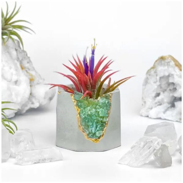 Green apatite geode planter – crystal and concrete pot for succulents and air plants