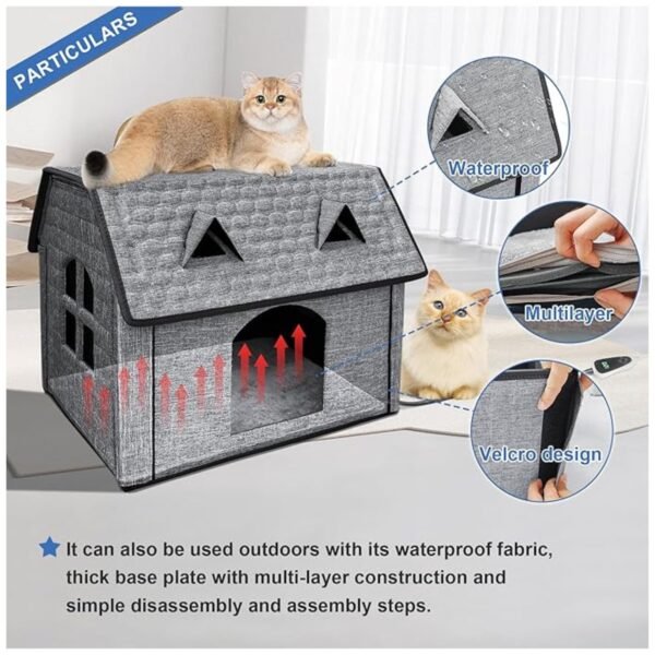 Close-up of the high-quality materials used for the heated cat house, emphasizing its durability and waterproof features