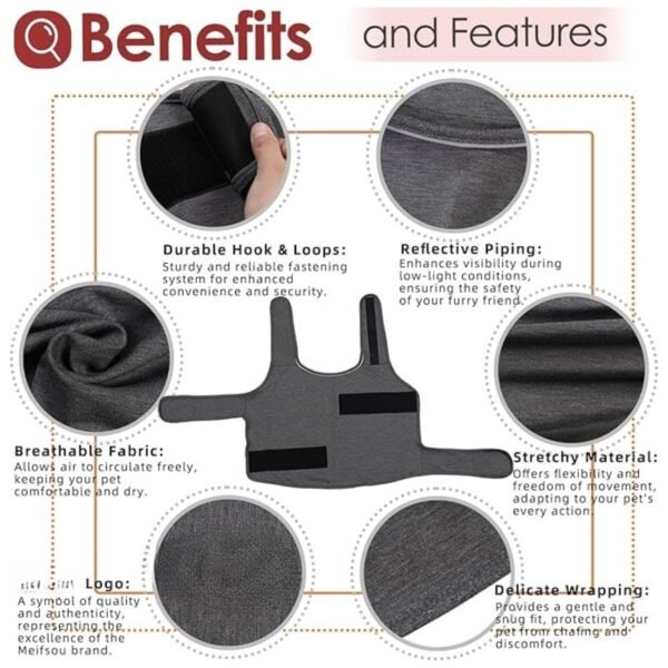 List of benefits for the dog anxiety vest, including anxiety relief, comfort, and ease of use for various stressful situations.