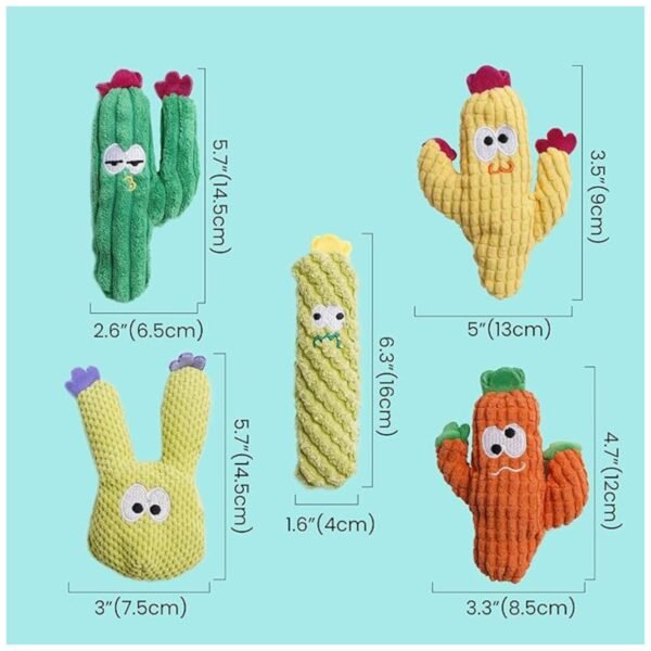 Close-up showing the size range of the cactus cat toys, 4-6 inches long