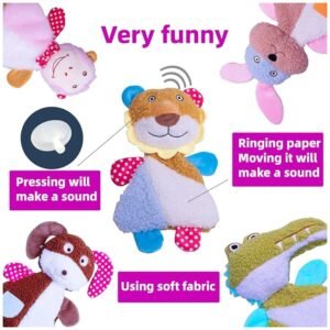 Close-up of dog toys highlighting squeakers, crinkling paper, and vibrant colors.