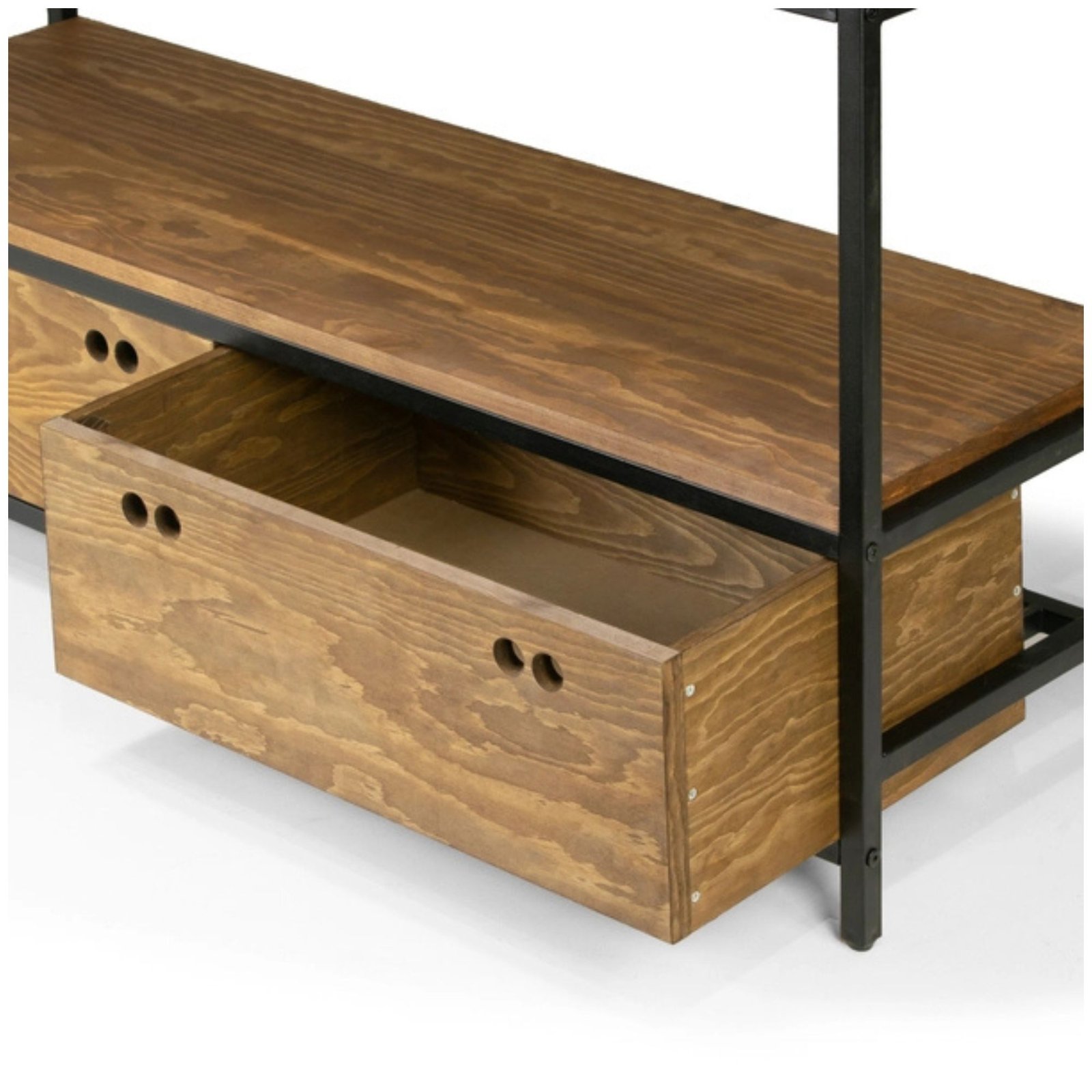 3 Alta Brown Pine Wood Display Shelf Etagere with Black Metal Frame and Two Bottom Drawers"