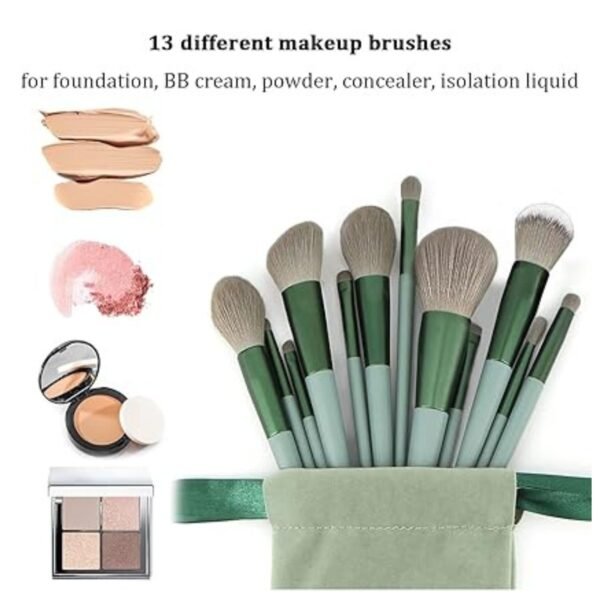 Detailed view of the 13 different makeup brushes included in the set, designed for various makeup applications.