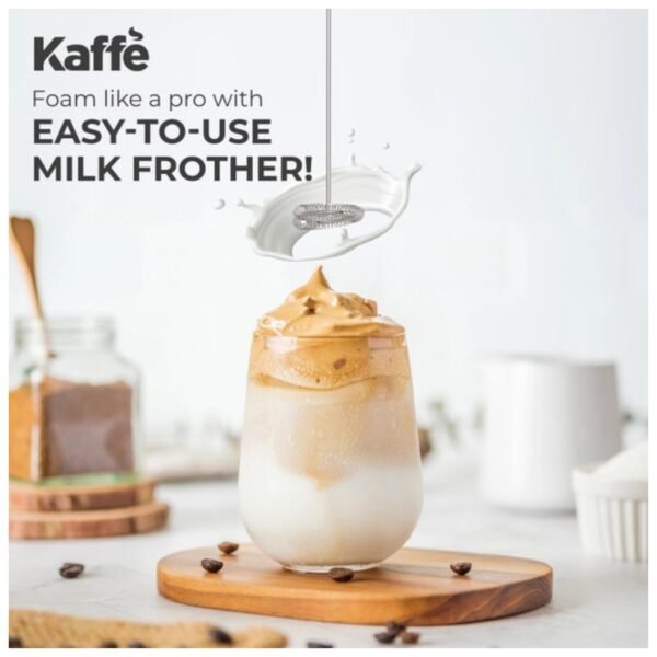 Kaffe Milk Frother in action, creating frothy milk in a cup for lattes