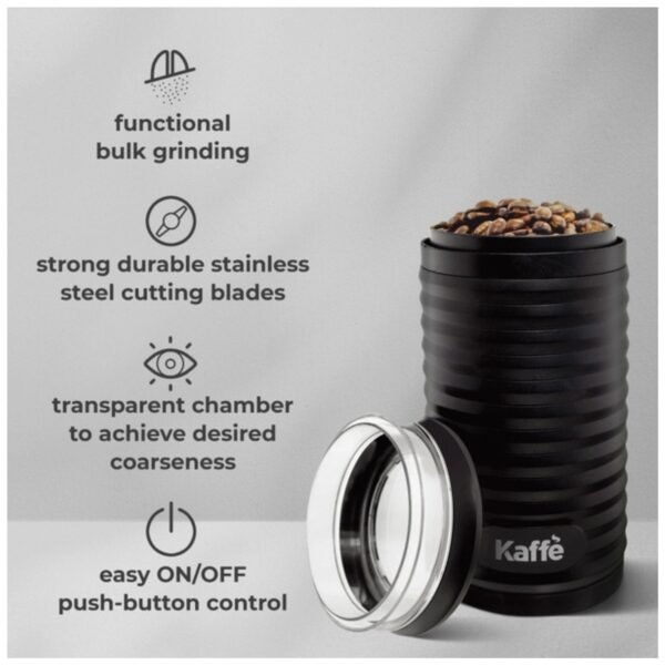 Components of the Kaffe Electric Coffee Grinder, including grinding chamber and lid