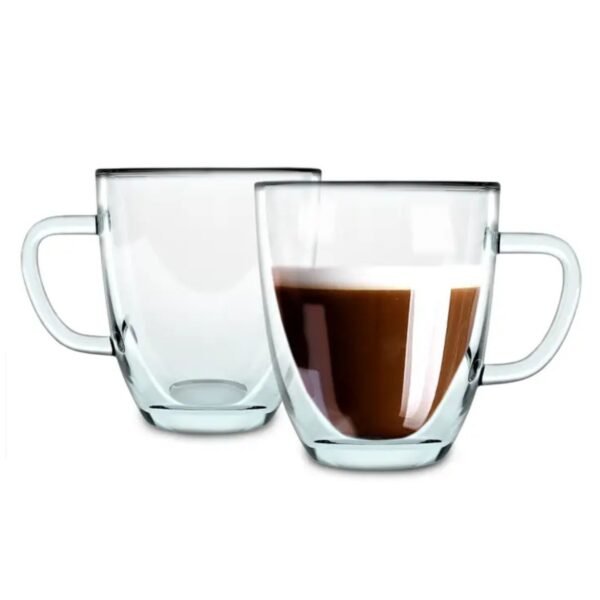 Close-up of the Kaffe 16oz Glass Coffee Mugs, showcasing the high-quality tempered borosilicate glass.