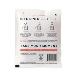 Back view of California Blend Medium Roast Steeped Coffee Bag displaying product details and eco-friendly features