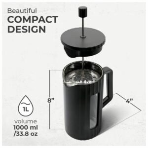 Sleek design of the French press with a dual-filter system and ergonomic handle, paired with a modern grinder